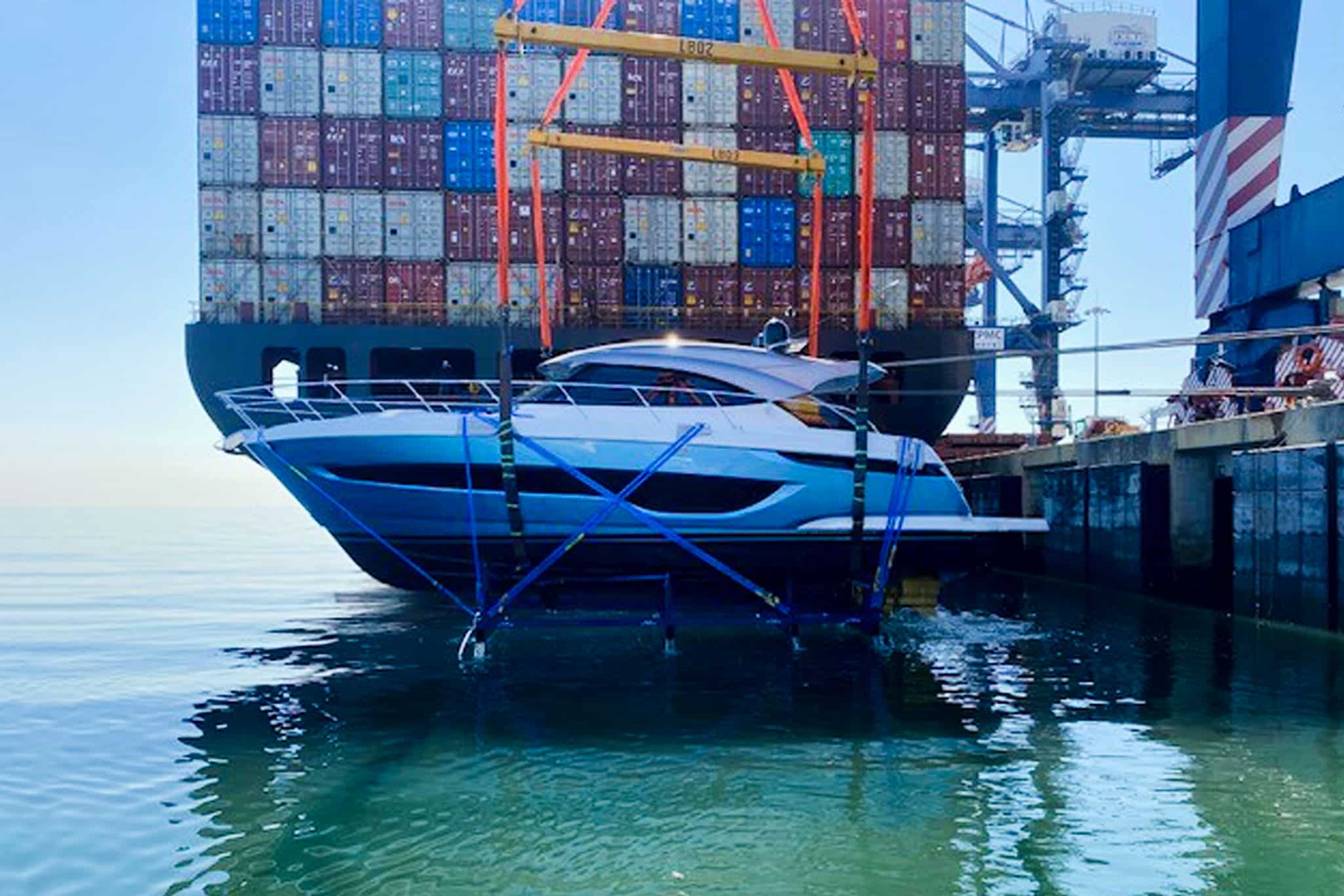 The striking blue coloured hull of this 4600 Sport Yacht will make a real statement when she’s moored at Catalina Island.