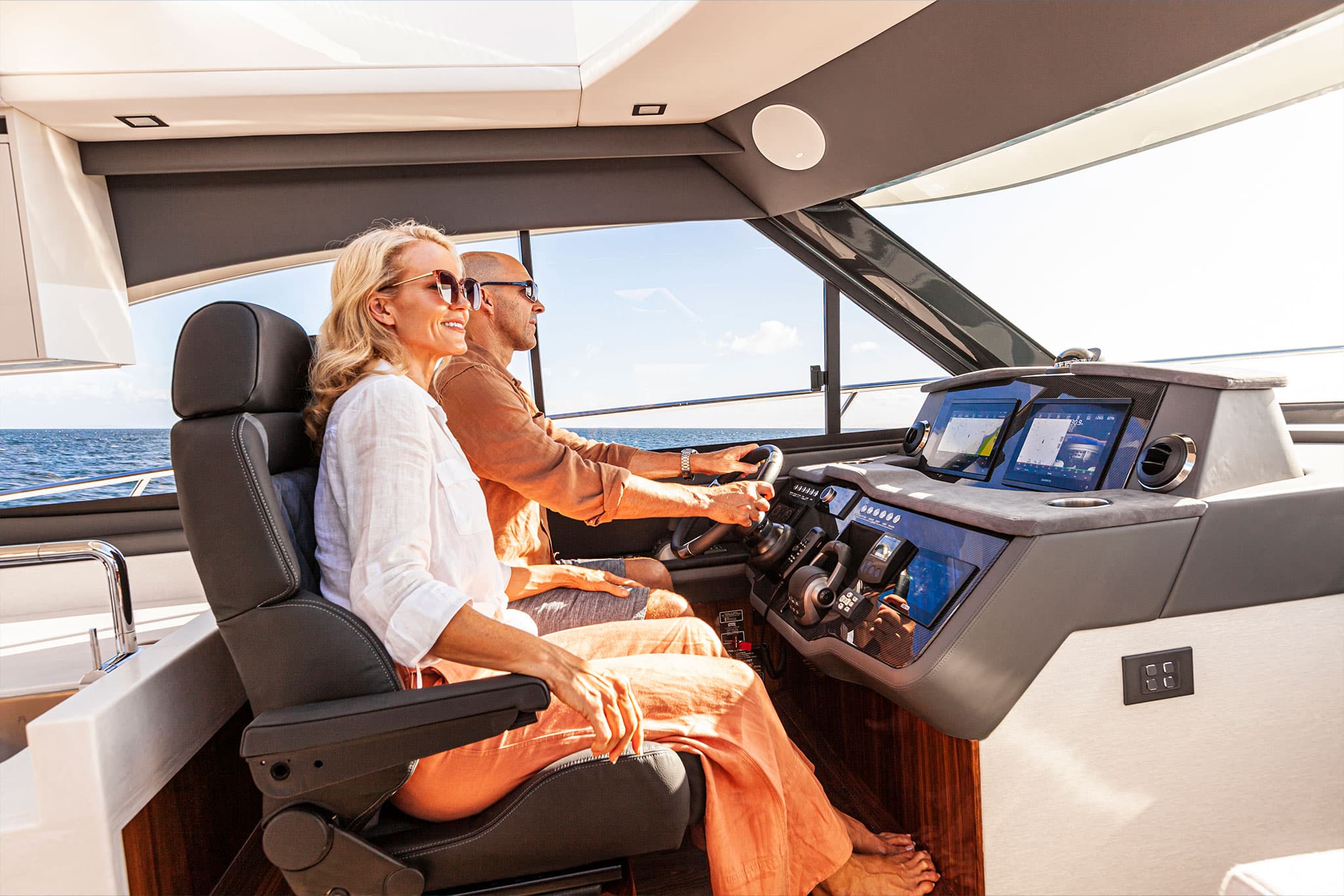 The Riviera 4600 Sport Yacht Platinum Edition on display at the 2024 Sanctuary Cove International Boat Show.
