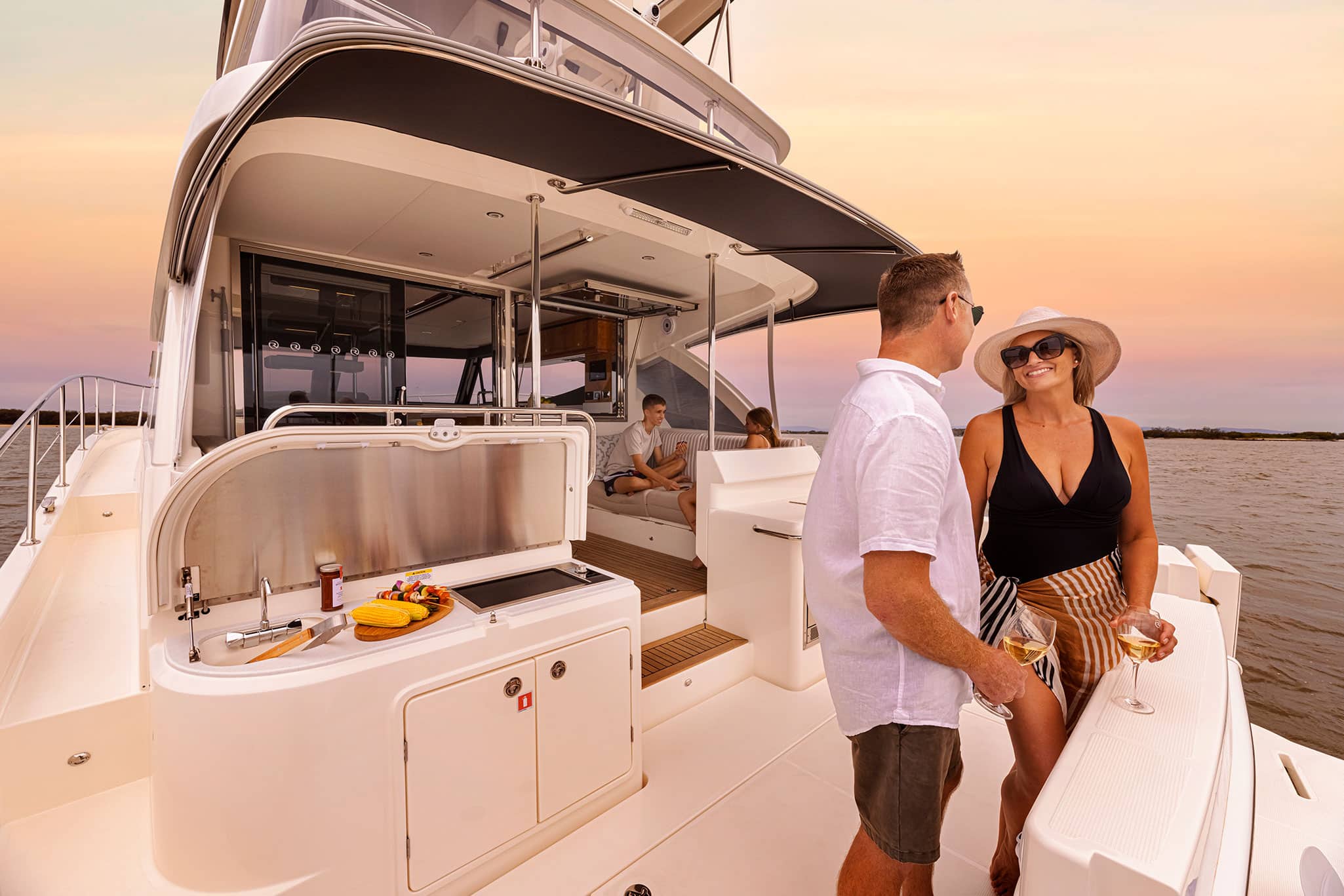 The 46 Sports Motor Yacht offers multiple entertaining spaces that stretch from the deep boarding platform to relaxing foredeck sun lounges and a generous open flybridge with hardtop.