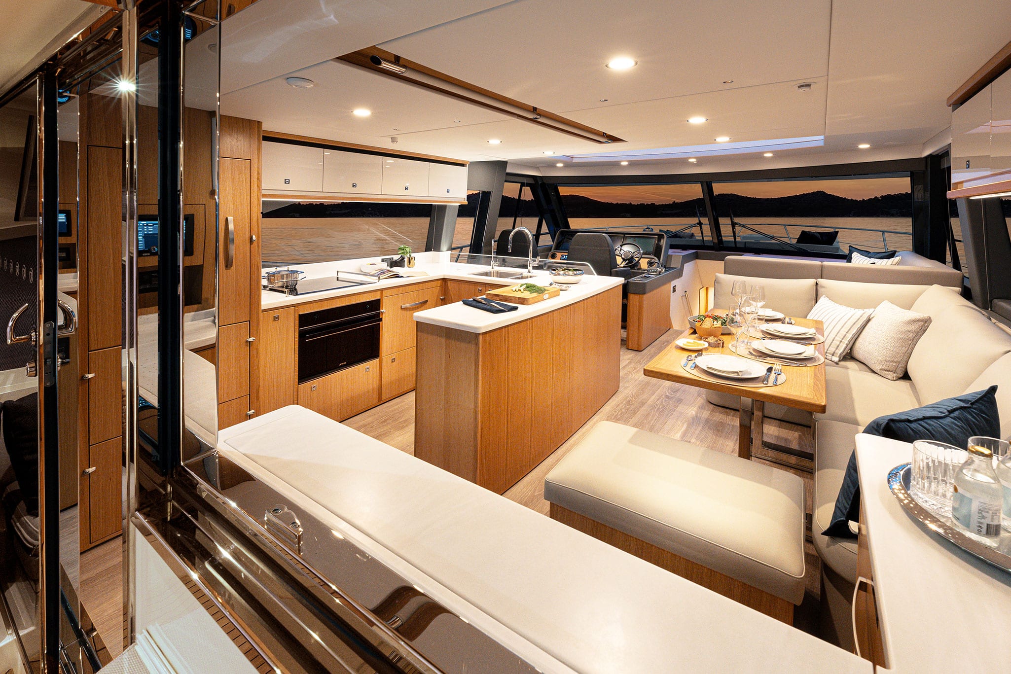 The 585 SUV centrally-located galley is an inspired space to enjoy preparing meals and socialising.