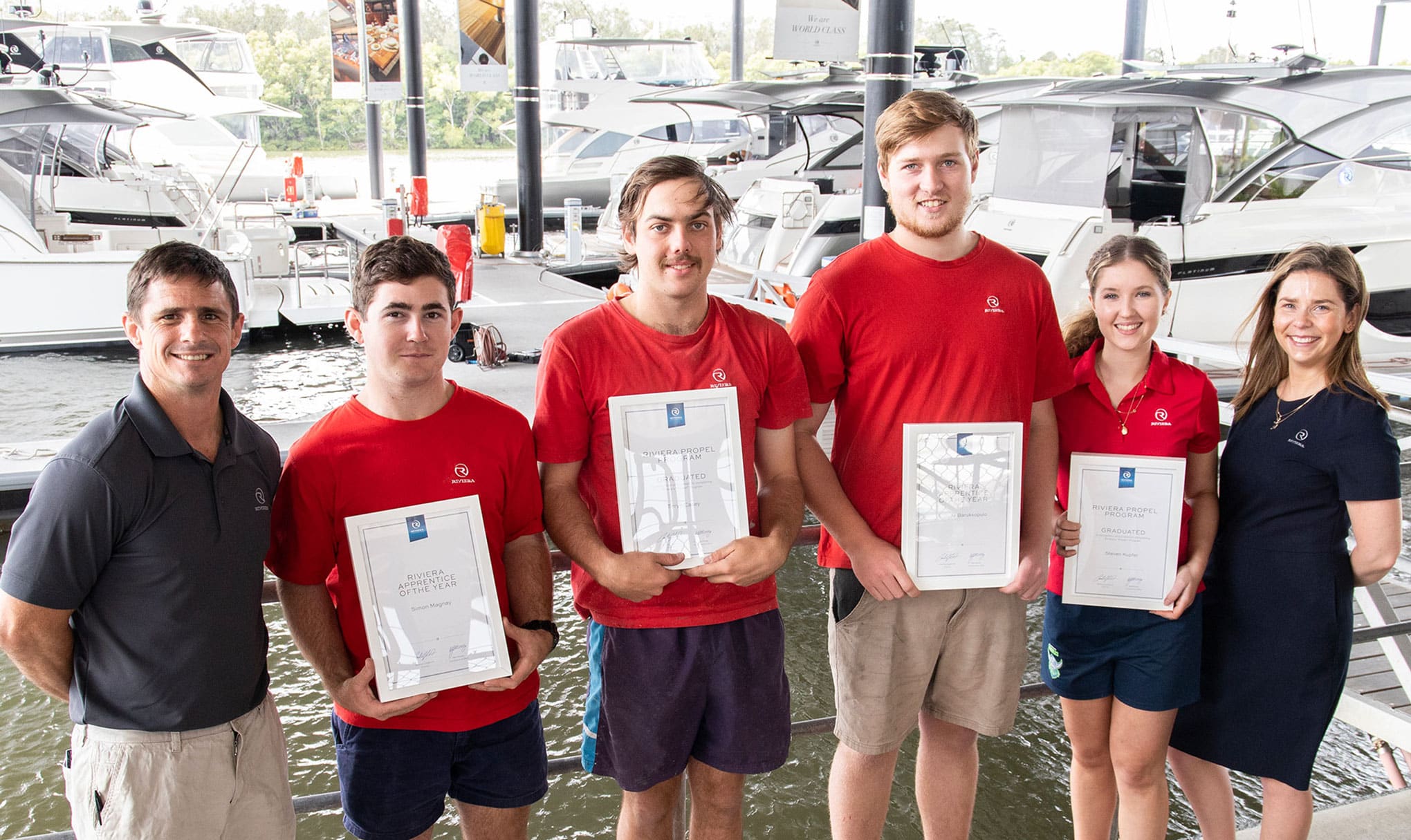 Riviera Apprentice of the Year award winners and their mentors – from left: Safety, Training and Recruitment Manager Adam Houlahan; second-year engineering apprentice Simon Magnay; second-year marine craft construction apprentice William Johnstone; first-year timber and composite machining apprentice Connor Baruksopulo; second-year upholstery apprentice Claudia Le Fevre, and Safety and Training Co-ordinator Keira Badke