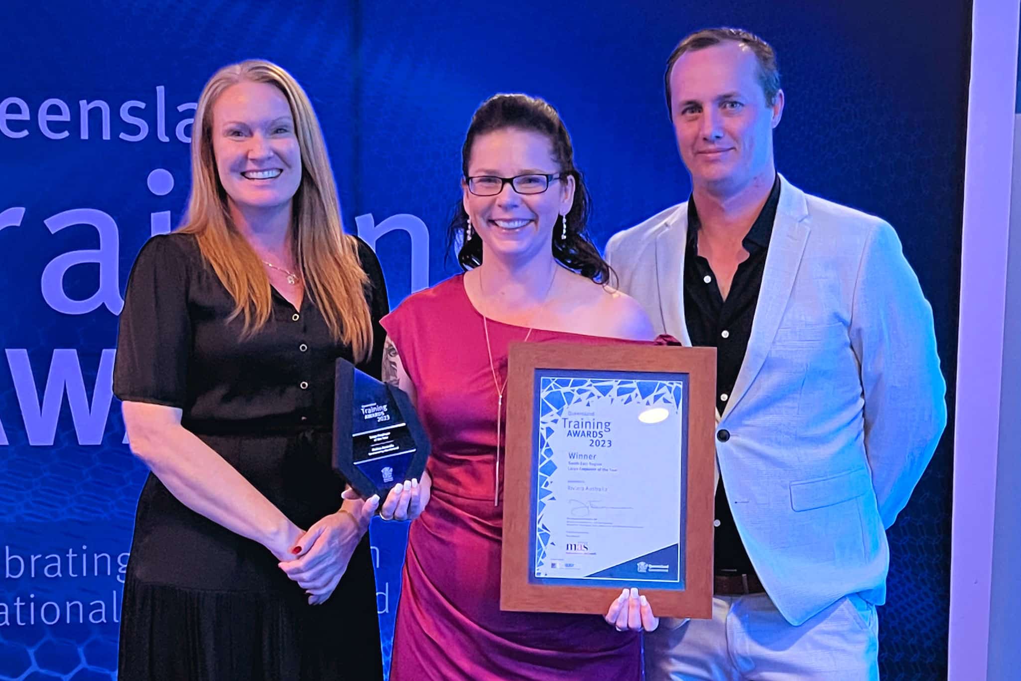 Proudly receiving the award for the Large Employer of the Year for the southeast region in the Queensland Training Awards (from left to right) are Riviera’s Kim Milne - People and Culture Business Partner, Keira Badke - Apprentice and Training Manager and Kyle Davison -Manufacturing Director.