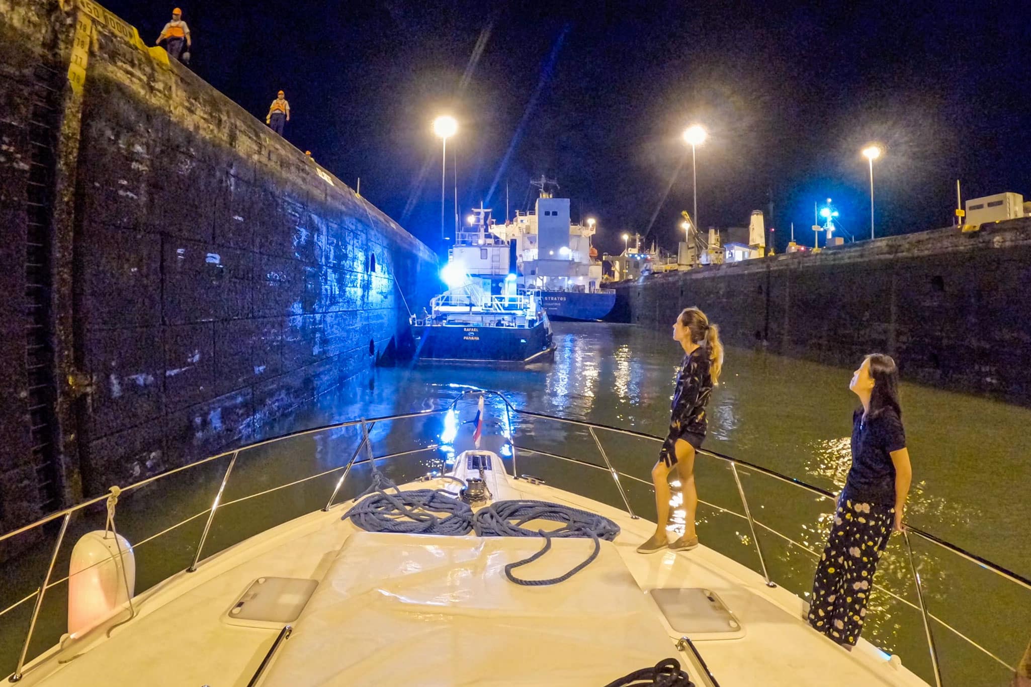 Caroline 2.0 entered the first lock at 2000, with the crew relying heavily on their navigation skills to safely traverse the canal and container ships