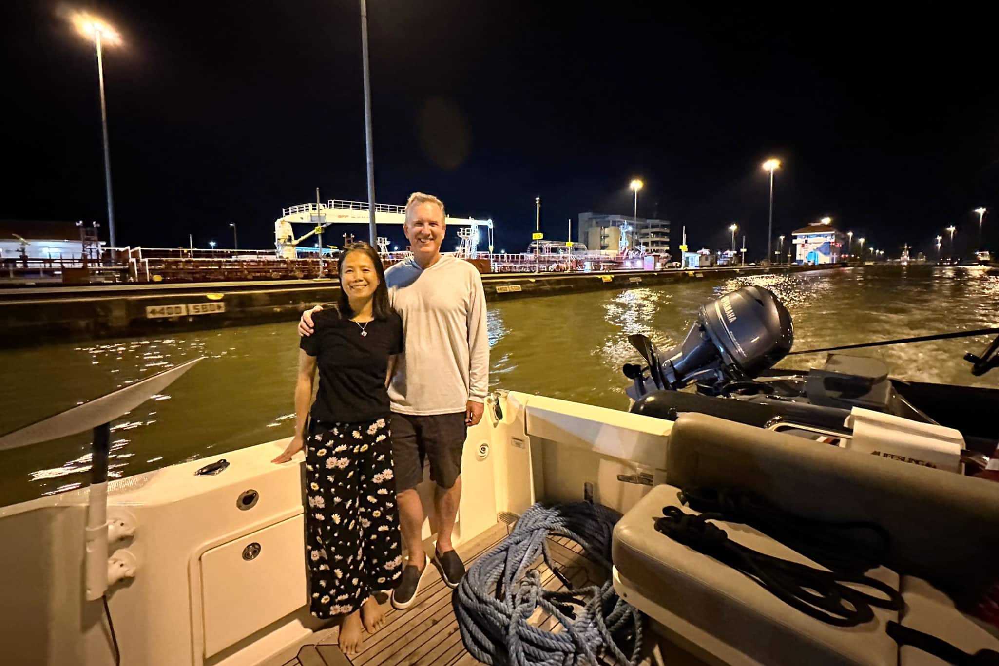 Caroline 2.0 entered the first lock at 2000, with the crew relying heavily on their navigation skills to safely traverse the canal and container ships