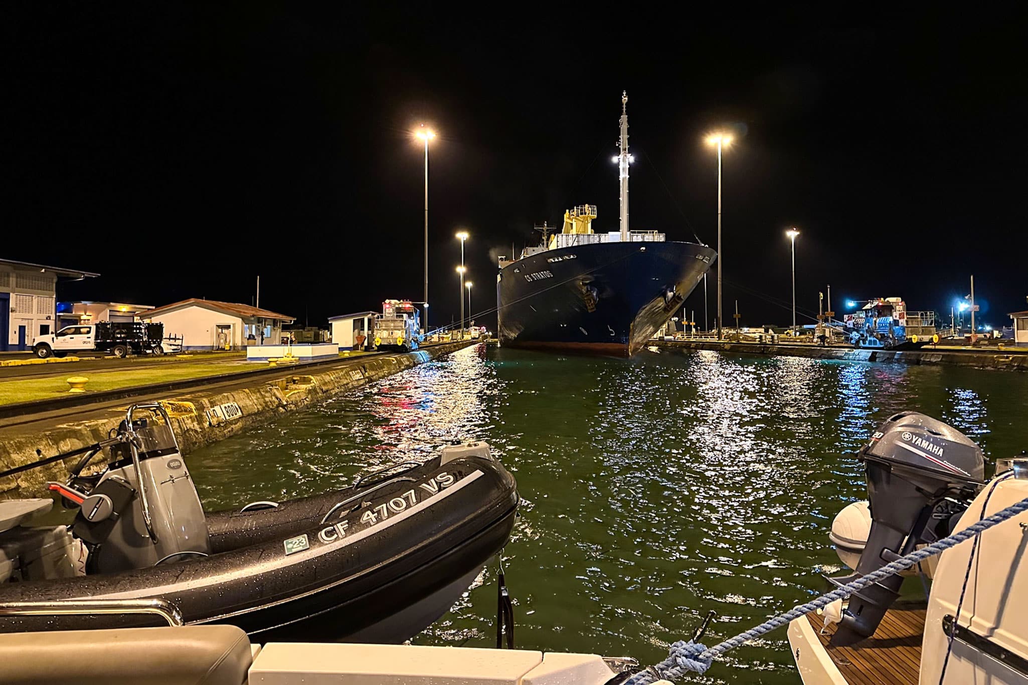 Caroline 2.0 entered the first lock at 2000, with the crew relying heavily on their navigation skills to safely traverse the canal and container ships