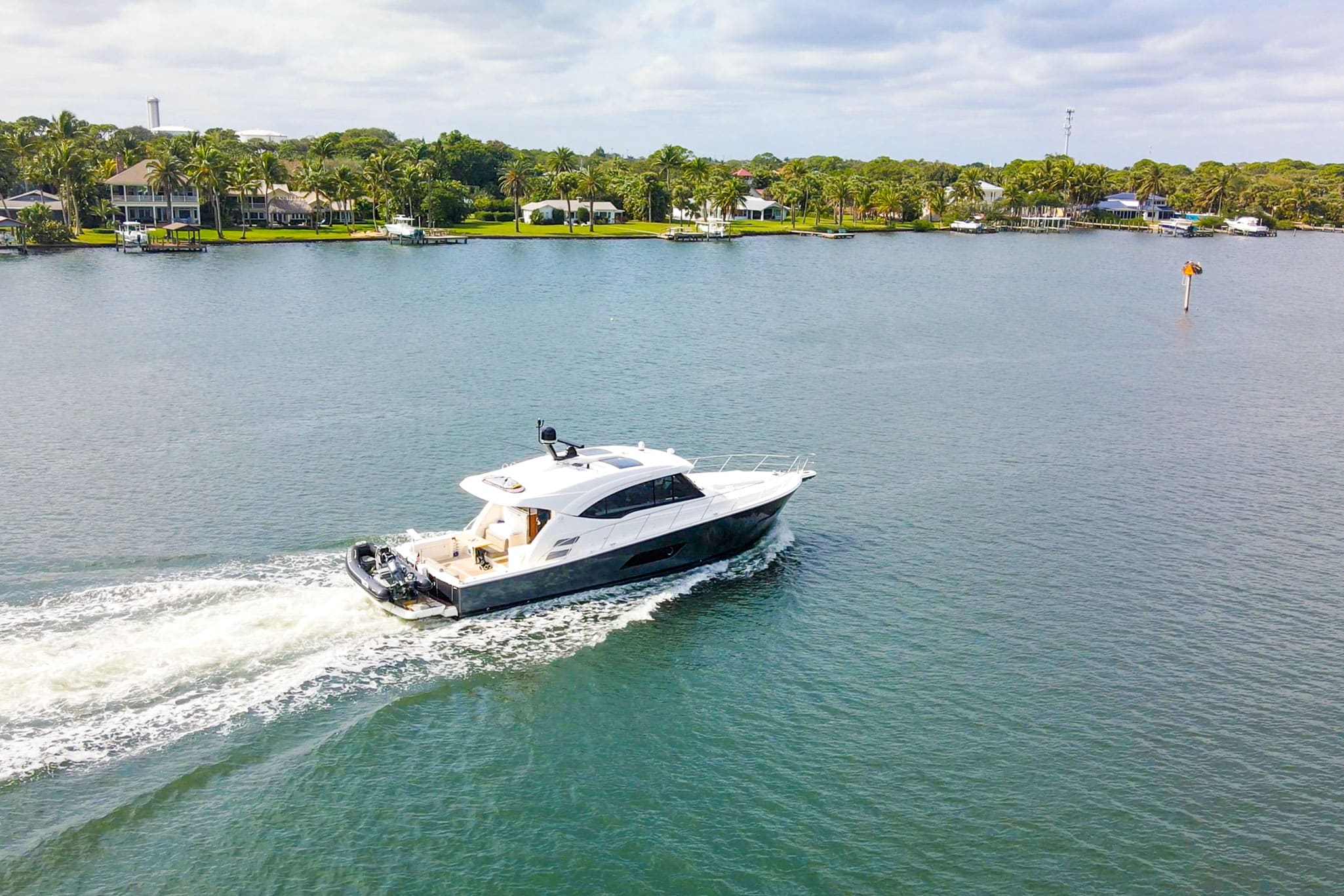 The Riviera 525 SUV underway – launched in 2015, she was designed to offer owners a flexible lifestyle for cruising, fishing and entertaining