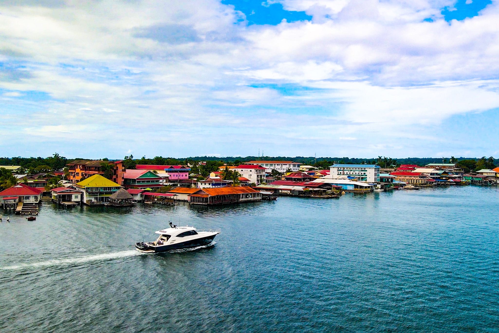 Lance Merker’s Riviera 525 SUV, Caroline 2.0, travels through the Bocas del Toro province of Panama on her almost 6,000-nautical mile voyage