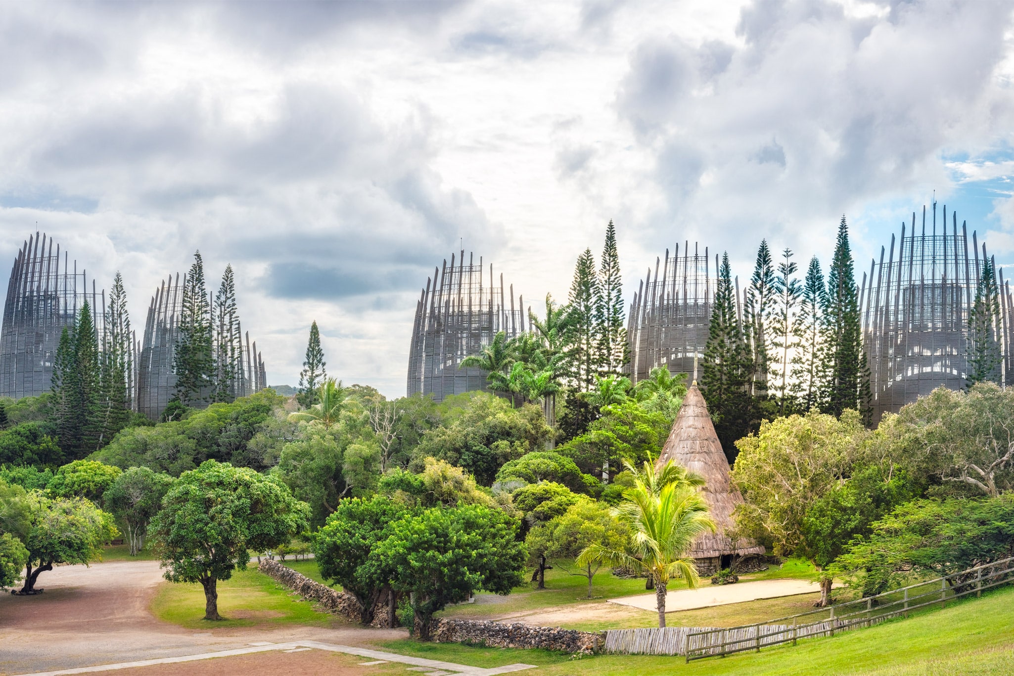 Tjibaou Cultural Centre, the Kanak native museum, constructed mainly of ten ribbed structures made of steel and Iroko wood, inspired by the traditional Kanak huts, in Noumea, New Caledonia.