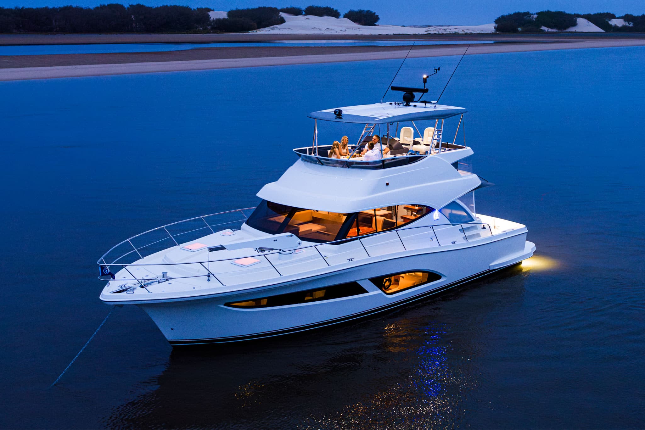The 46 Sports Motor Yacht offers multiple entertaining spaces that stretch from the deep boarding platform to relaxing foredeck sun lounges and a generous open flybridge with hardtop.