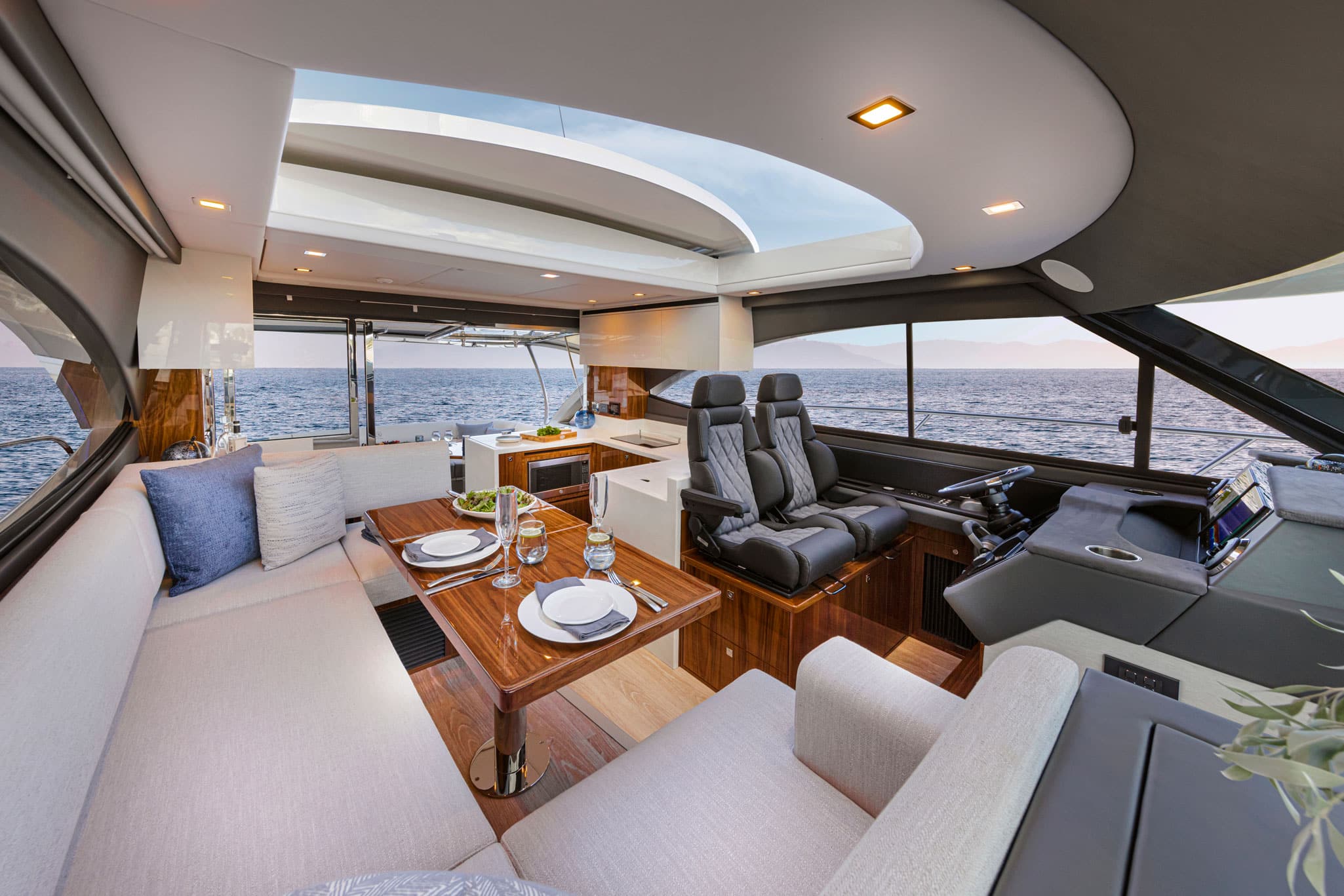 Light and air are features of the luxurious saloon space aboard the Riviera 4600 Sport Yacht.