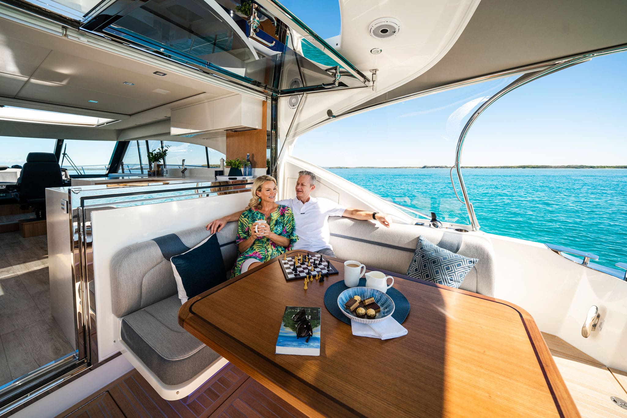 Cockpit comfort aboard Riviera’s 5400 Sports Yacht Platinum Edition.