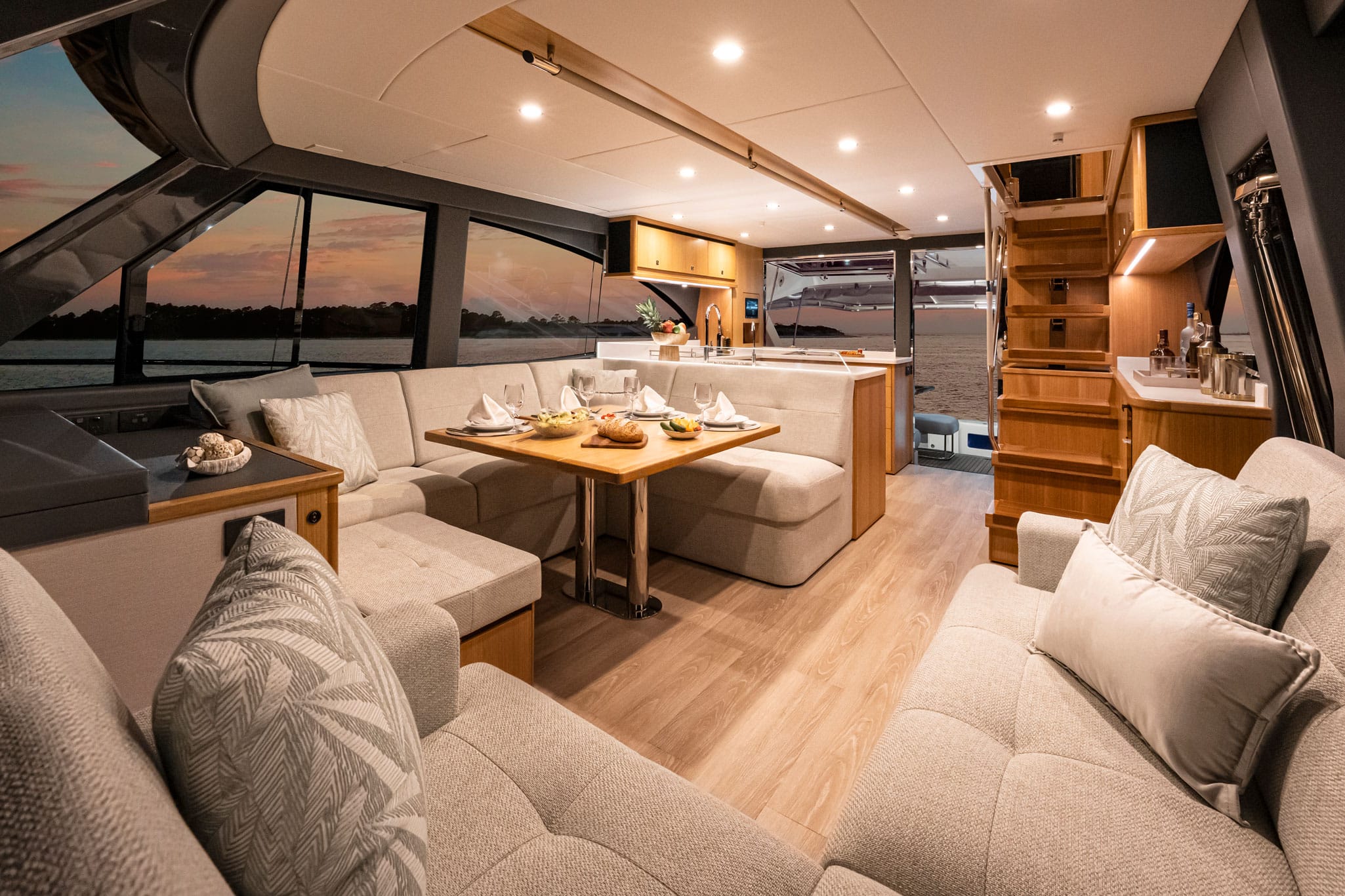 Light and air in the graceful saloon of the 58 Sports Motor Yacht.