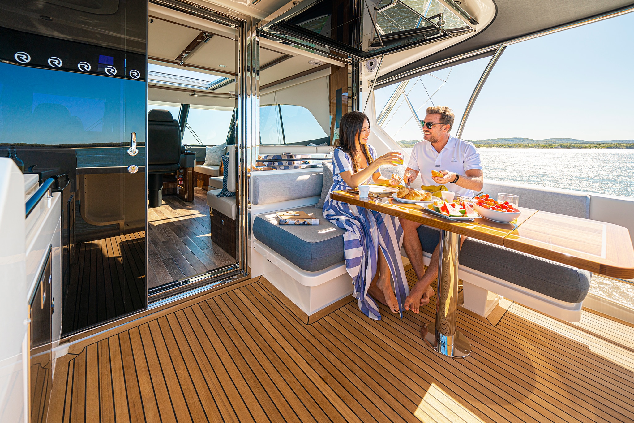 The Riviera 64 Sports Motor Yacht on display at the 2024 Sanctuary Cove International Boat Show.