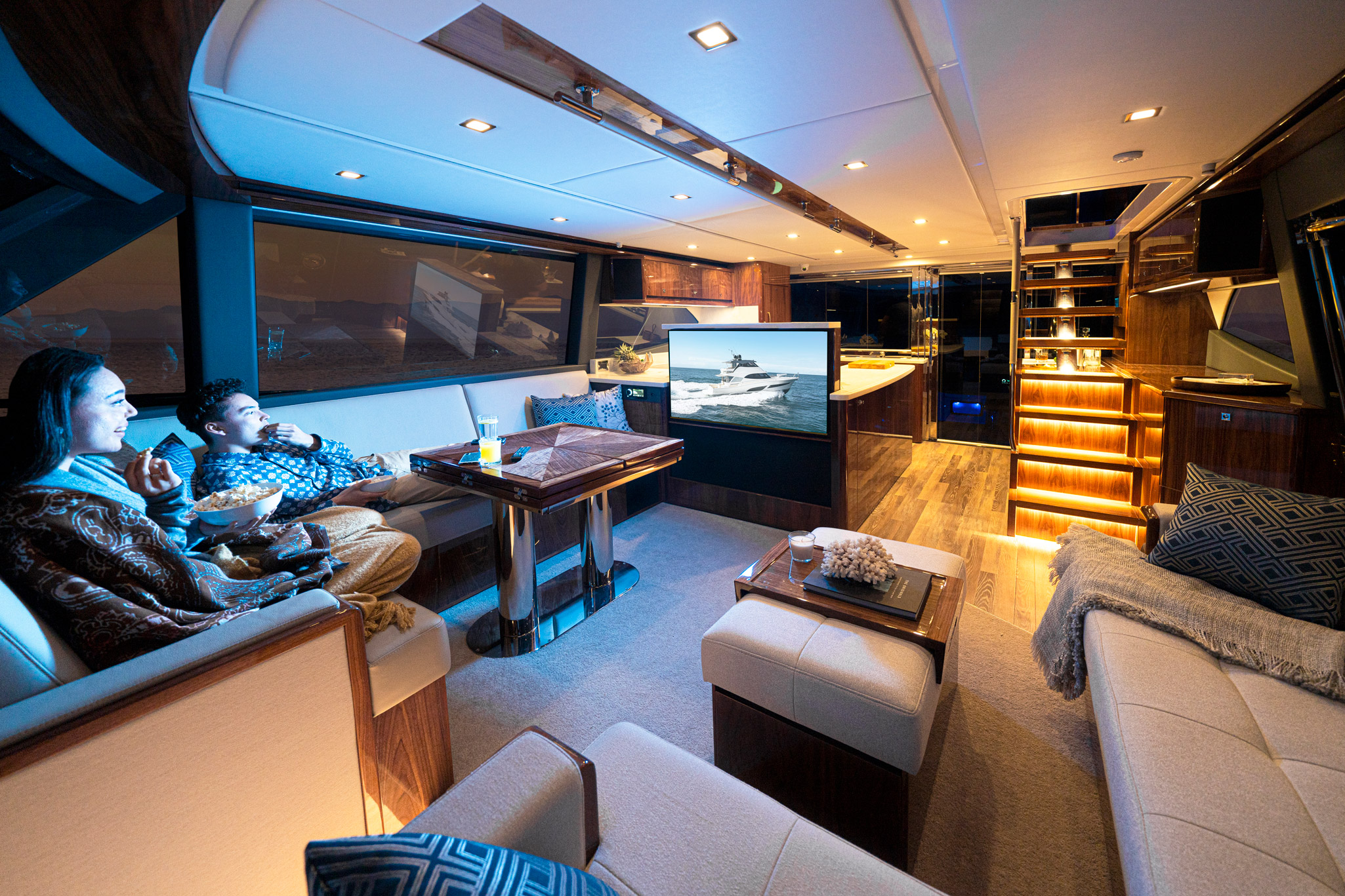 Entertainment Mode is for when you are stationary and relaxing with all the luxury features offered by Riviera.