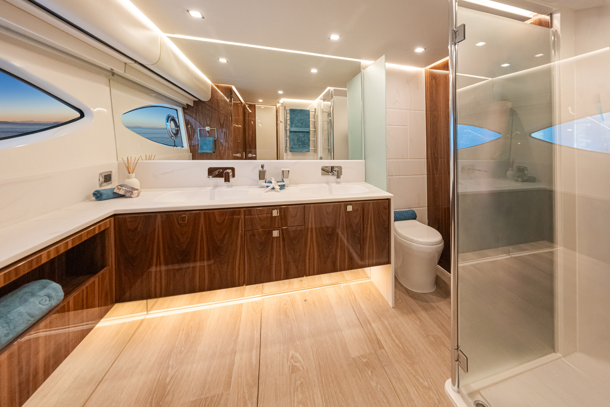 All staterooms and bathrooms enjoy natural light through large, tinted hull windows.