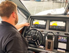 By moving the joystick forward, the system lays out a path straight ahead of the boat for it to follow at the indicated speed