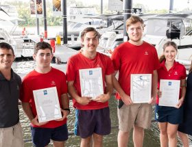 Riviera Apprentice of the Year award winners and their mentors – from left: Safety, Training and Recruitment Manager Adam Houlahan; second-year engineering apprentice Simon Magnay; second-year marine craft construction apprentice William Johnstone; first-year timber and composite machining apprentice Connor Baruksopulo; second-year upholstery apprentice Claudia Le Fevre, and Safety and Training Co-ordinator Keira Badke