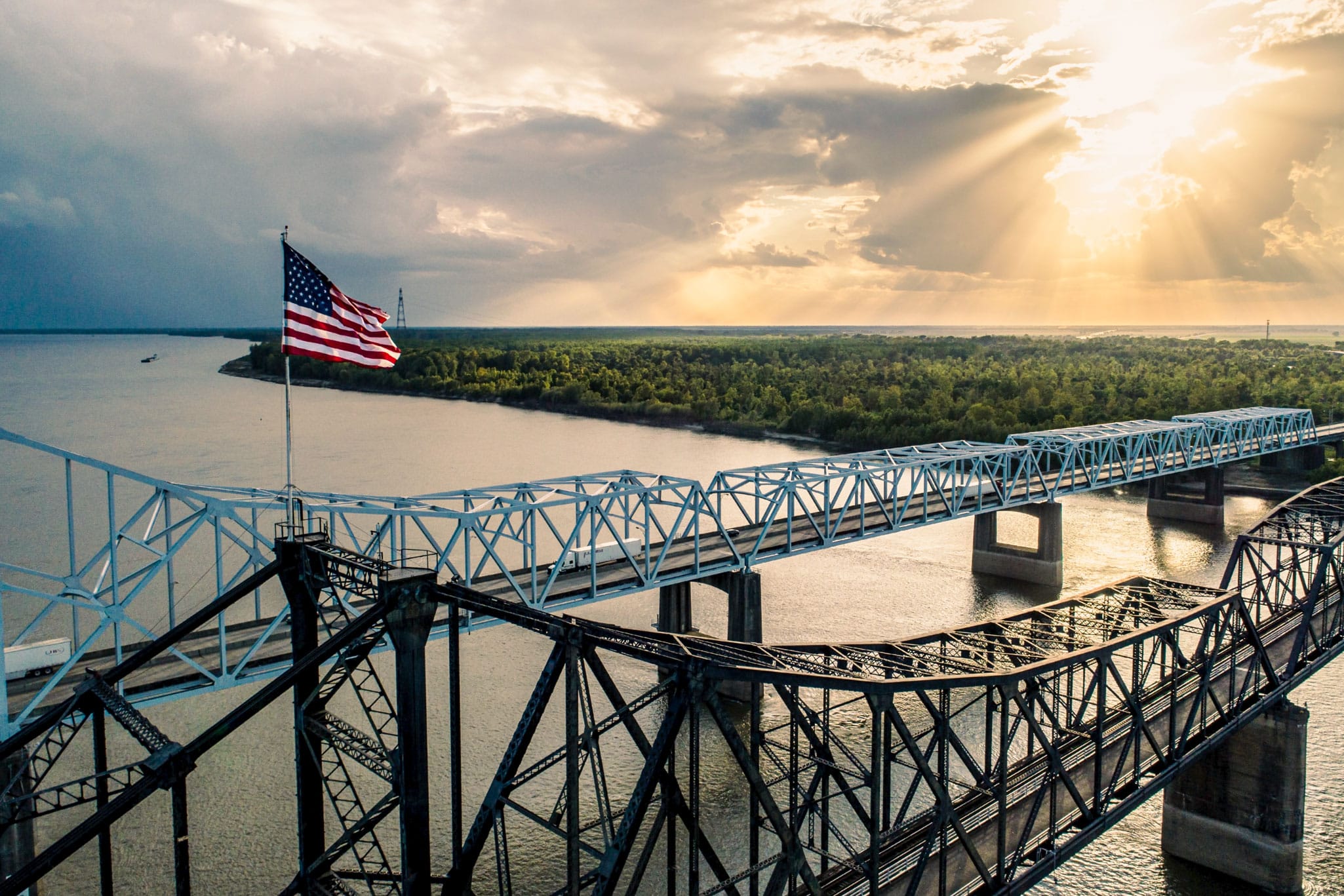 The Old Vicksburg Bridge, also known as Mississippi River Bridge, looking west into Louisiana